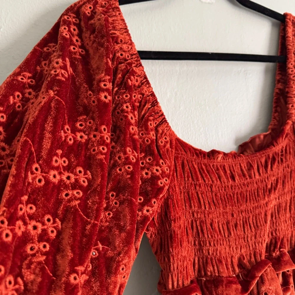 ASOS velvet broderie shirred midi dress burnt red eyelet lace long sleeve US6 - Picture 5 of 13